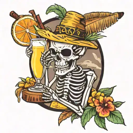Skeleton Drinking Pina Colada On Beach