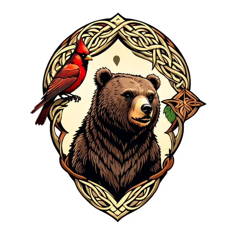 Celtic Bear With Cardinal Perched On Shoulder