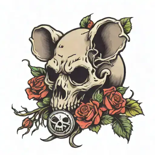 Rat Skull With A Coin And Roses Entwined