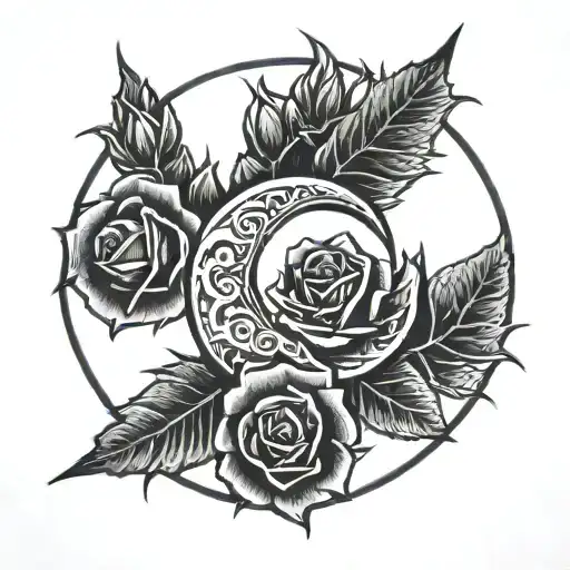 Crescent Moon With Thorny Rose Intertwined