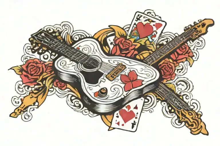 Cross With Guitar And Playing Cards Arranged