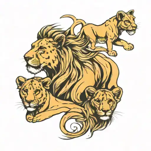 Lion Lioness And Two Lion Cubs