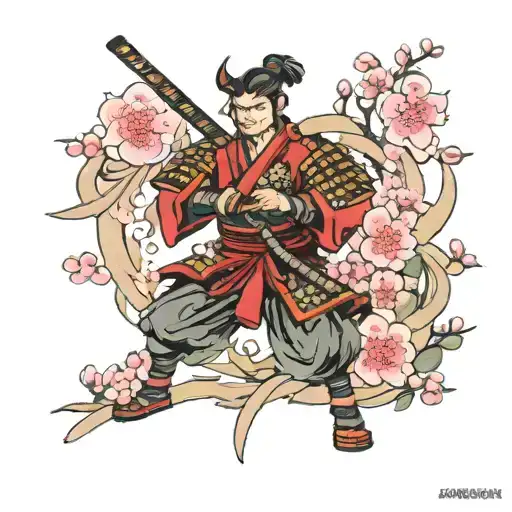 Samurai With Sakura Flowers Around It