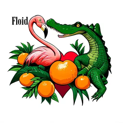 Florida State With A Flamingo An Alligator & Oranges With A Red Heart In The Middle Of The State