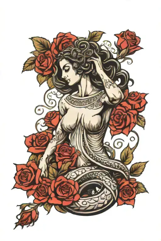 Greek Female Headless Statue With Background Of Roses And Snakes