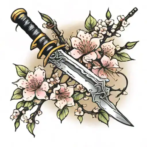 Japanese Cherry Blossom Branch With Katana Sword