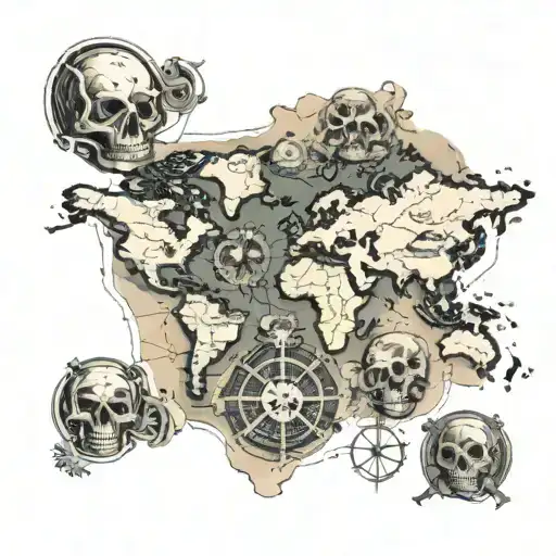 Old World Map With Different Areas Of Glory And Destruction Skulls And Heaven