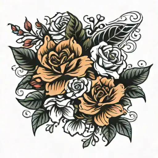 Azalea And Rose Bouquet With Leaves And A Bow At The Bottom To Tie