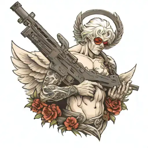 Shirtless Angel With No Face Holding Realistic Colt M4 Rifle Grip