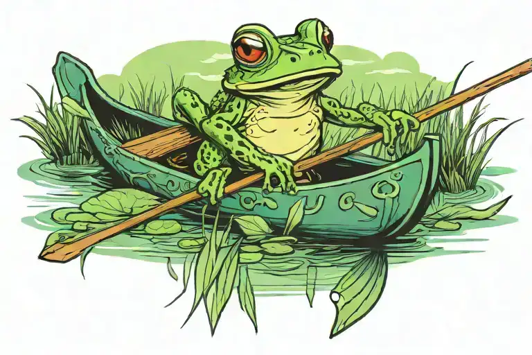 Frog Paddling A Canoe In A Marsh Scenery