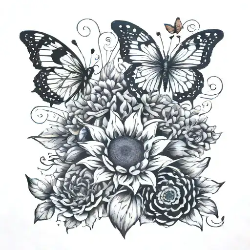 Arm Tattoo Of Sunflowers And Lotus Flowers With Butterflies And A Ladybug