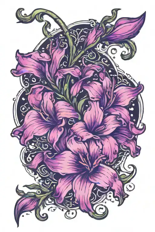 One Gladiolus With Vine Swirls Dots