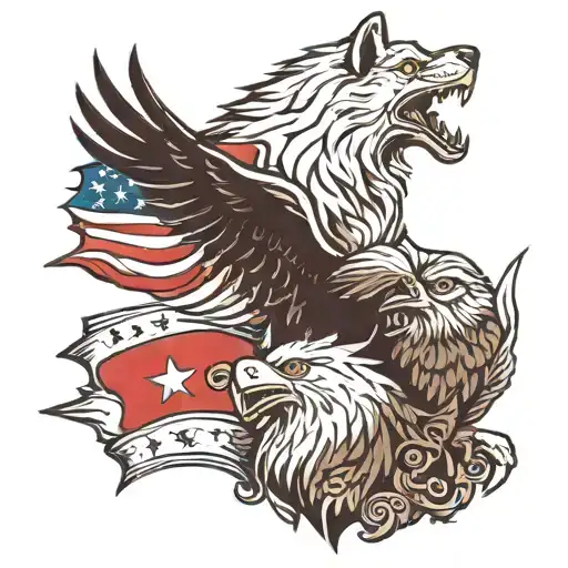 Wolf And Bald Eagle With Turkish And American Flag