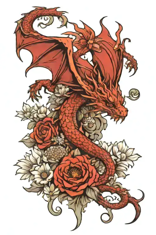 Red Dragon On A Pile Of Poppies And Daisies