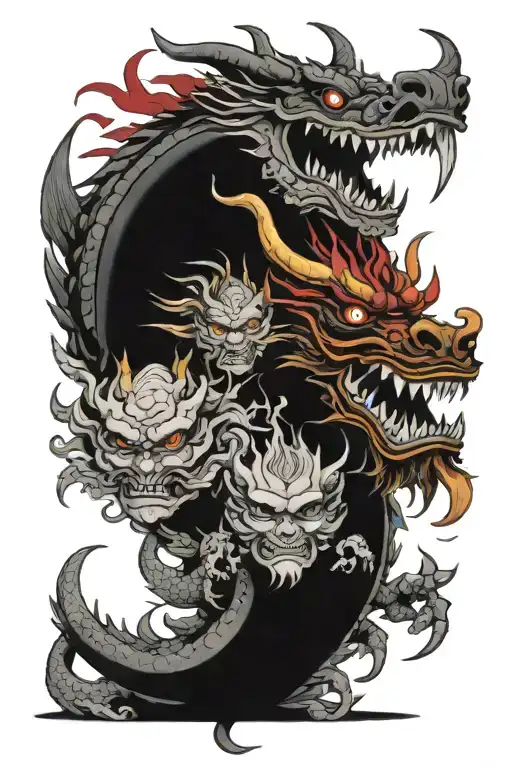 Japanese Neotradition Dragon And Oni Mask Surrounded