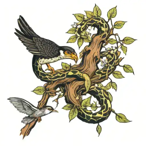 Snake In A Tree Eating A Bird Perched