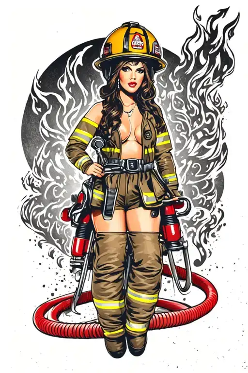 Firefighter Pinup Girl With Fire Hose Wearing Motorcycle Helmet