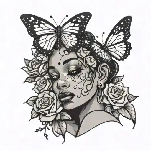 A Black Girl Crying With A Clock And Roses And Butterflies