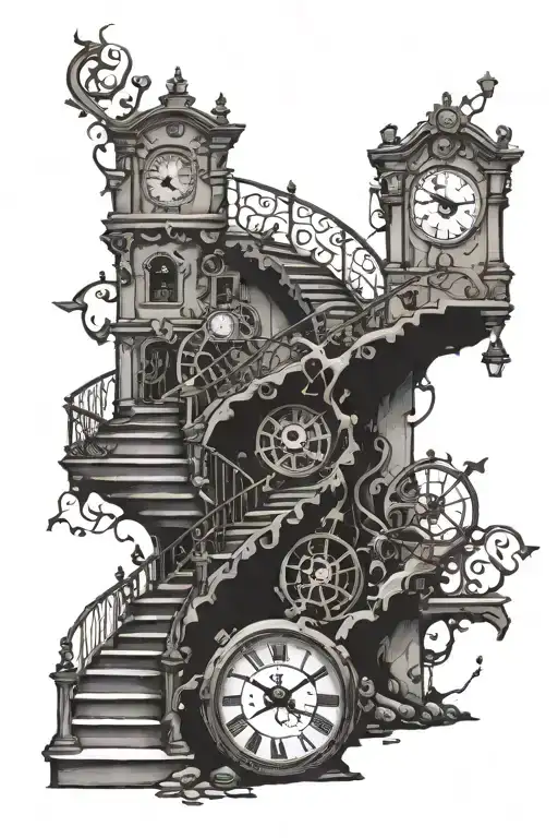 Stairs Going To A Broken Clock Mechanism Intertwined