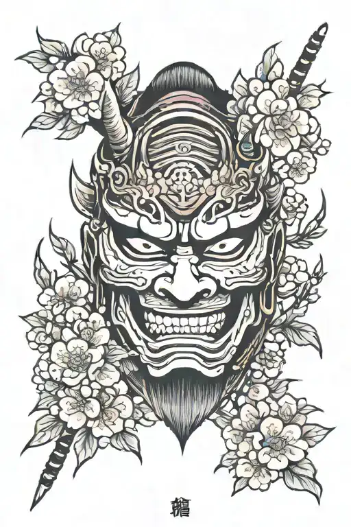 Samurai Mask With A Sakura Tree Burning In Hsi Teeth