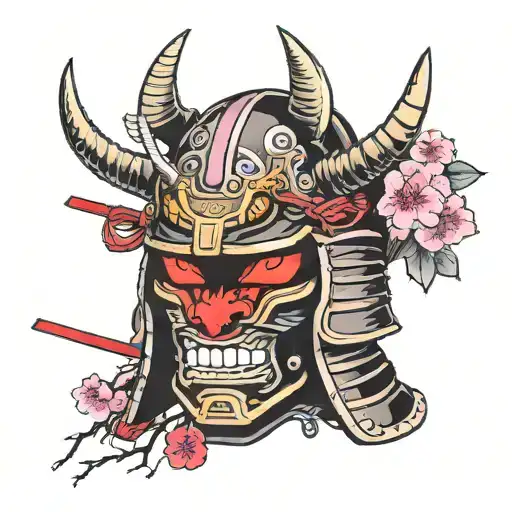 Samurai Helmet With A Sakura Tree Burning In His Teeth