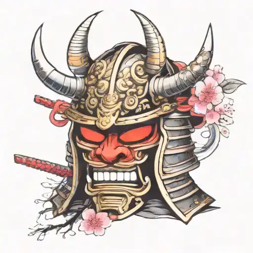 Samurai Helmet With A Sakura Tree Burning In His Teeth