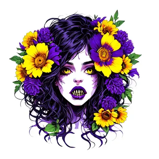 Woman Pitch Black Eyes Sharp Teeth Purple And Yellow Flowers Tangled In Her Hair To Signify Madness
