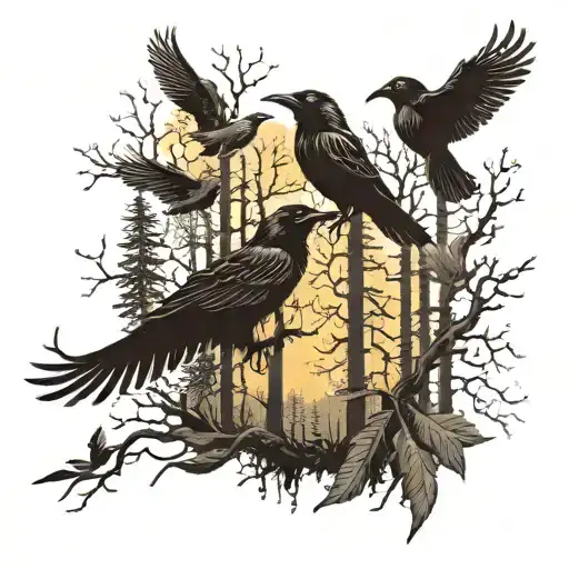 Dark Forest With Crows Flying