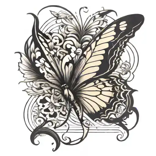 Curved Vertical Line With A Butterfly In The Middle Of It