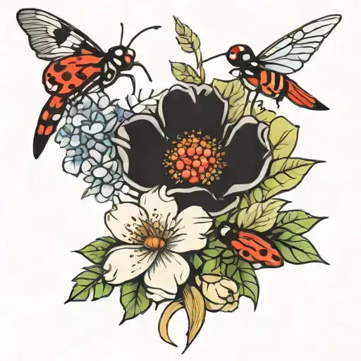 Flowers With Ladybugs Robin Bird And Dragonflies