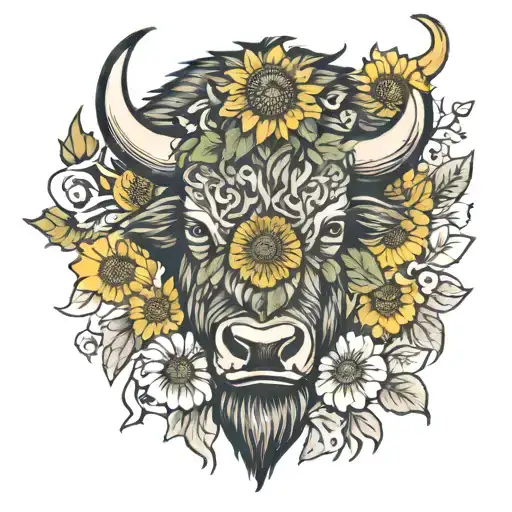 Bison Head With Sunflower Surrounded