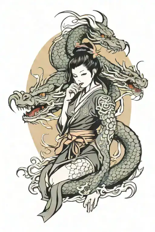 Japanese Dragon And Warrior Woman