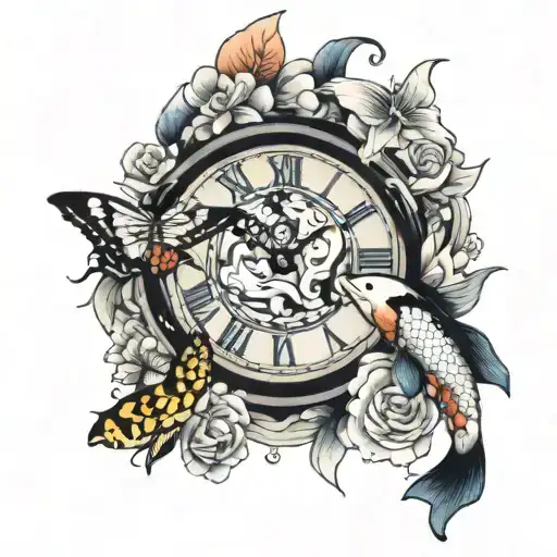 Butterflies And Koi Fish Swimming Around A Clock With Flowers