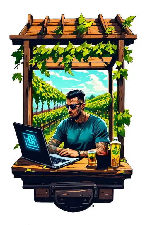Cyberpunk Coder On A Laptop On A Vineyard Under A Pergola