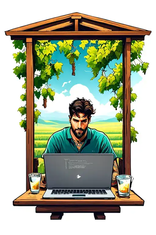 Coder On A Laptop On A Vineyard Under A Pergola
