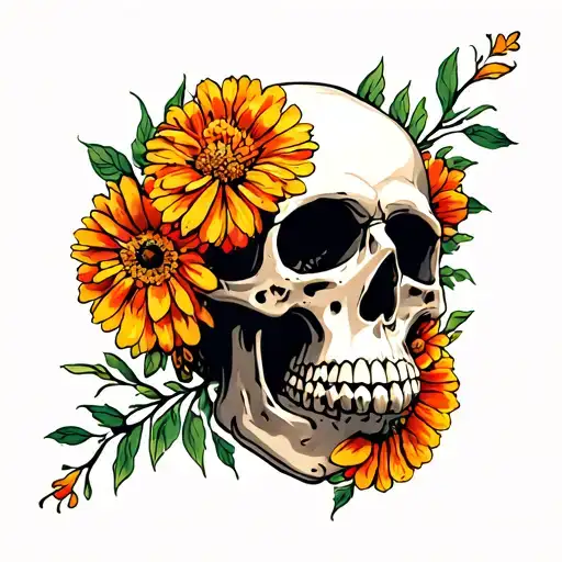 Skull With Marigold Flowers