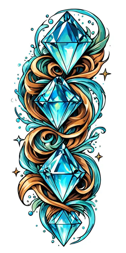 Two Diamonds And Two Opals Aquamarine With Stars And Swirls And Water