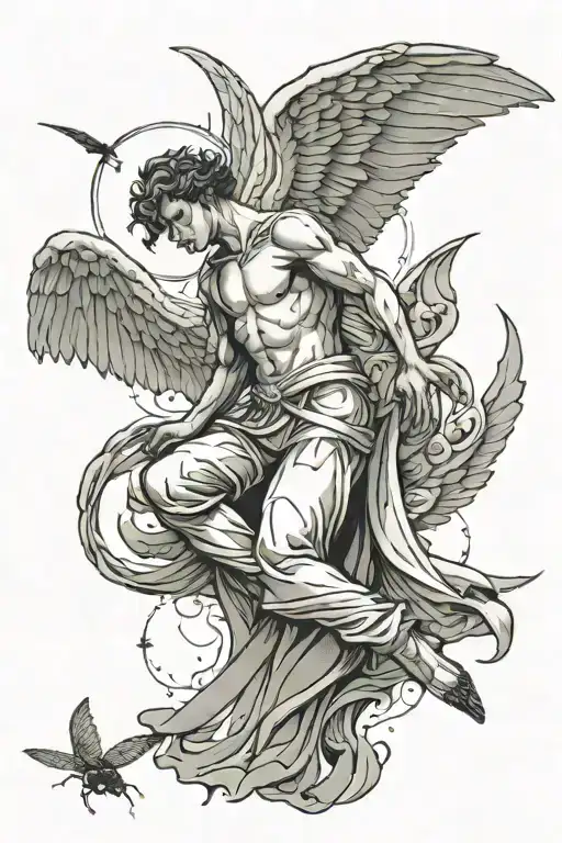 Angel Men Standing With Big Flys Away