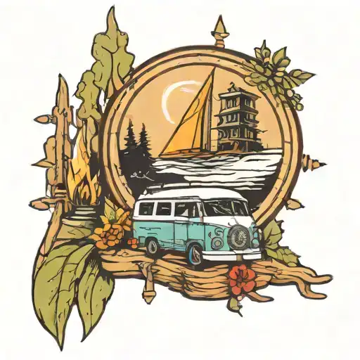 Camping Compass With Camper Van Parked