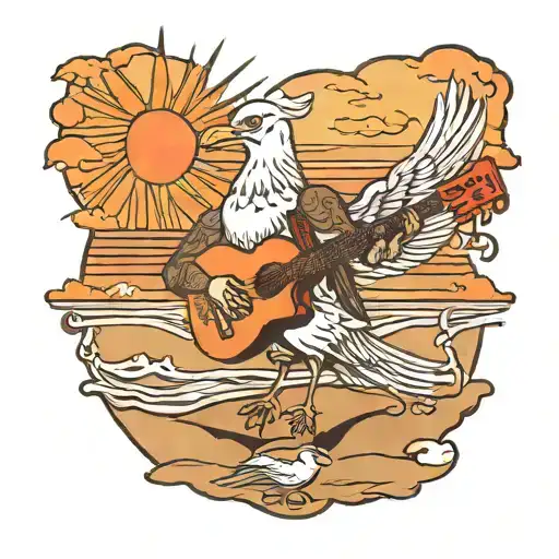 Seagull Playing Guitar On The Beach With The Sun Setting