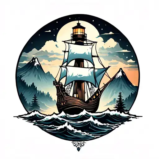 Ship Lighthouse Mountains Silhouette