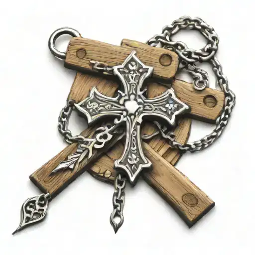 A Wooden Cross With Dog Tags Attached To Chain