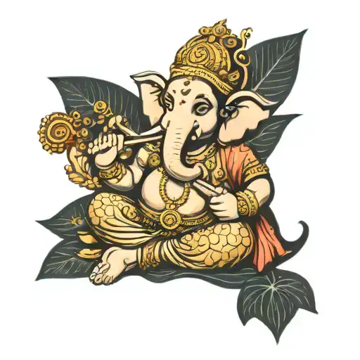 Ganesha Sitting In Lotus Holding A Sitar Merged