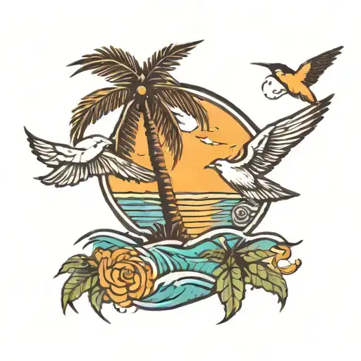 Sea Sun Palm Tree Birds Cartesian Plane