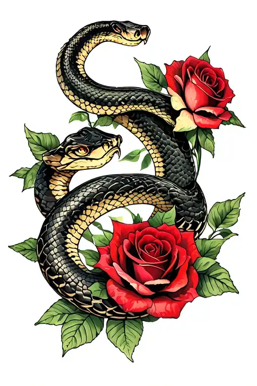 Snake And Red Roses Surrounded