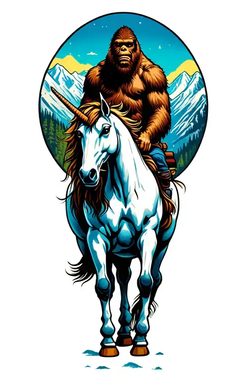 Bigfoot Riding Unicorn In Mountains