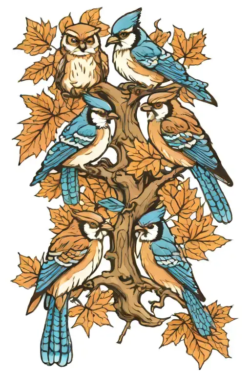 4 Blue Jays And 1 Owl Sitting On The Branches Of A Maple Tree
