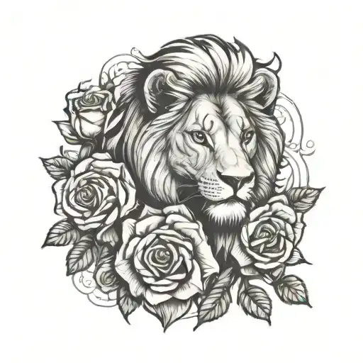 Lion With 2 Cubs Intertwined With Roses