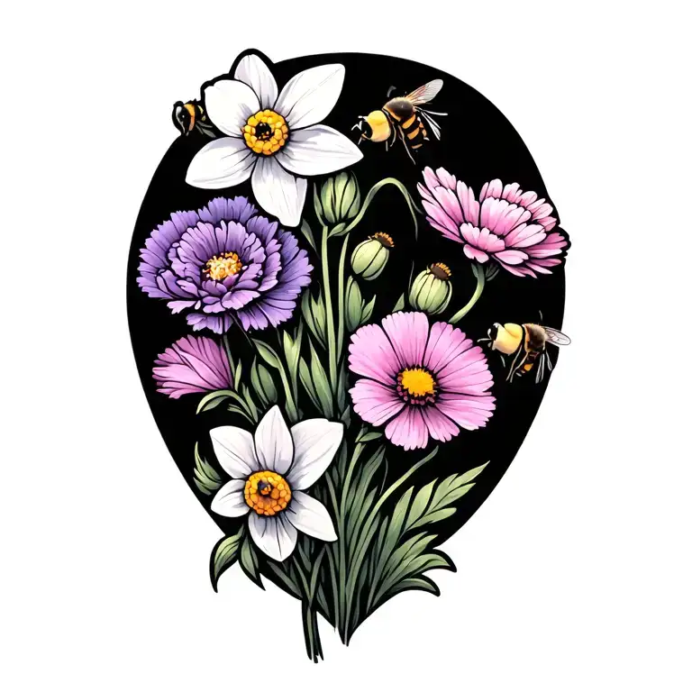 Purple Carnation White Daffodil Pink Cosmos Flowers With Bees