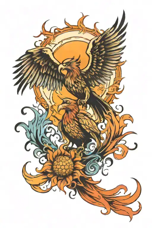 Sun And Phoenix Rising From The Ashes